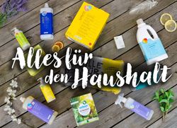 KI generiert: Das Bild zeigt eine Sammlung von Haushaltsreinigungsprodukten, die übersichtlich auf einem Holzboden angeordnet sind. Der Schriftzug "Alles für den Haushalt" hebt das Reinigungs- und Pflegeangebot hervor.