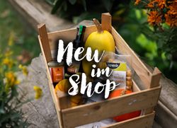 KI generiert: Das Bild zeigt eine Holzkiste mit verschiedenen Kürbisprodukten, darunter Kürbispüree und Kürbisgnocchi, begleitet von der Aufschrift "New im Shop". Die Szene ist in einem natürlichen Umfeld präsentiert, mit Blumen im Hintergrund.