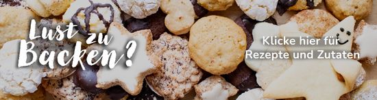 KI generiert: Das Bild zeigt eine Vielzahl von Keksen und Gebäckstücken in verschiedenen Formen und Farben. Darauf sind die Worte "Lust zu Backen?" und ein Hinweis zum Klicken für Rezepte und Zutaten zu sehen.