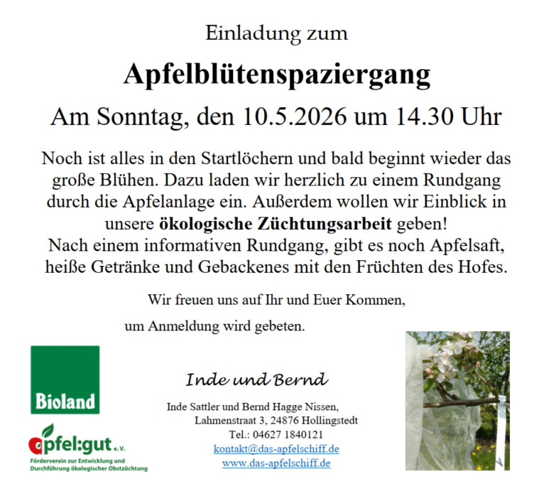 KI generiert: Einladung zum Apfelblütenspaziergang am 10.5.2026 mit Apfelsaft und Gebäck, Anmeldung erbeten.