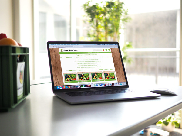 KI generiert: Ein Laptop zeigt eine Webseite an einem Tisch mit Pflanzen und einem Obstkorb. Text: „L(i)ebensmitgelokalLand“.