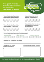 KI generiert: Feedbackformular über die Zufriedenheit mit der Biokiste. Text: "Du kannst den Zettel...zurückgeben - Danke!"