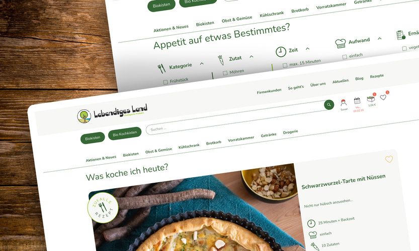 KI generiert: Website zeigt Rezepte und Filteroptionen; Titel: "Was koche ich heute?" mit Schwarzwurzel-Tarte.