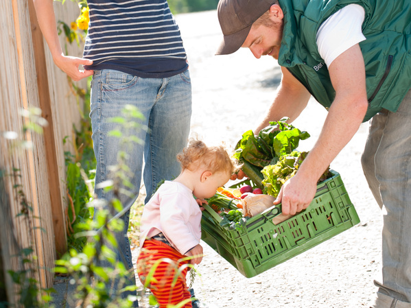 KI generiert: Ein Mann übergibt einer Frau und einem Kind eine Kiste mit frischem Gemüse.