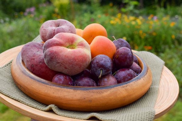 KI generiert: Holzschale mit Pfirsichen, Aprikosen und Zwetschgen im Freien.