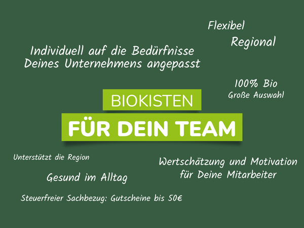 KI generiert: Das Bild wirbt für Biokisten für Teams mit regionalen, flexiblen und 100% Bio-Lebensmitteln.