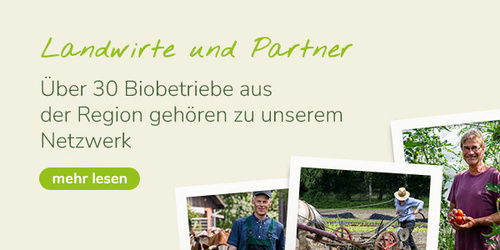 KI generiert: Landwirte und Biobetriebe. Text: "Über 30 Biobetriebe aus der Region gehören zu unserem Netzwerk. mehr lesen".