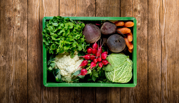 KI generiert: Eine Kiste mit frischem Gemüse: Salat, Rote Bete, Karotten, Blumenkohl, Radieschen, Wirsing.