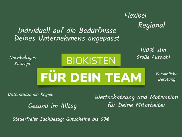 KI generiert: Grüner Hintergrund mit Text: "Biokisten für dein Team" und Schlagworte wie "Flexibel", "Regional", "100% Bio".