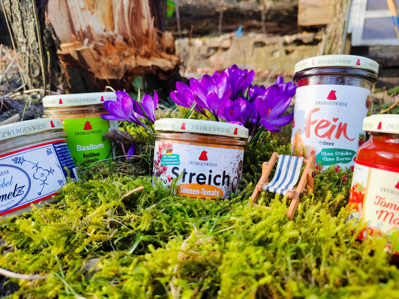 KI generiert: Verschiedene Zwergenwiese-Produkte auf Moos mit lila Krokussen. Texte: „Basitom“, „Streich“, „Fein“.