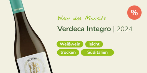 KI generiert: Eine Weinflasche und der Text: "Wein des Monats, Verdeca Integro 2024. Weißwein, leicht, trocken, Süditalien."