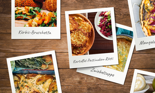 KI generiert: Eine Collage mit Polaroids von verschiedenen Gerichten: Kürbis-Bruschetta, Kartoffel-Pastinaken-Rösti, Zwiebelcremesuppe.