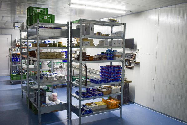 KI generiert: Lagerraum mit Regalen voller Lebensmittelprodukte, beleuchtet durch Deckenlampen.