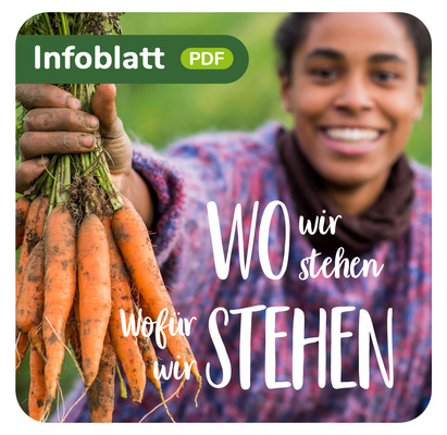 KI generiert: Eine Person hält Karotten. Text: "Infoblatt PDF WO wir stehen Wofür wir STEHEN".