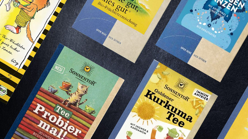 KI generiert: Verschiedene Verpackungen von Teesorten der Marke Sonnentor, darunter "Probier mal!" und "Goldener Kurkuma Tee".