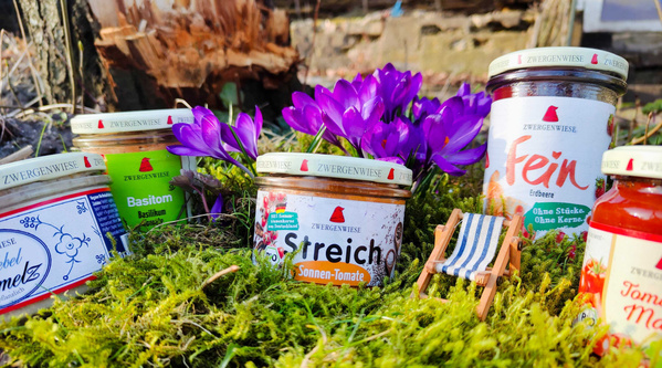 KI generiert: Verschiedene Zwergenwiese-Produkte auf Moos und vor lila Krokussen platziert.