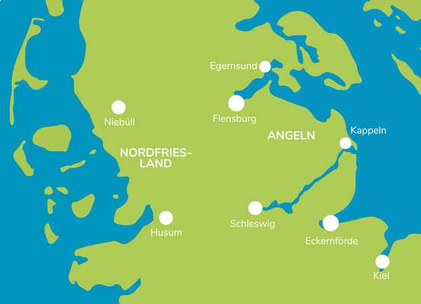 KI generiert: Karte von Norddeutschland mit Städten: Niebüll, Husum, Flensburg, Schleswig, Eckernförde, Kiel und mehr.