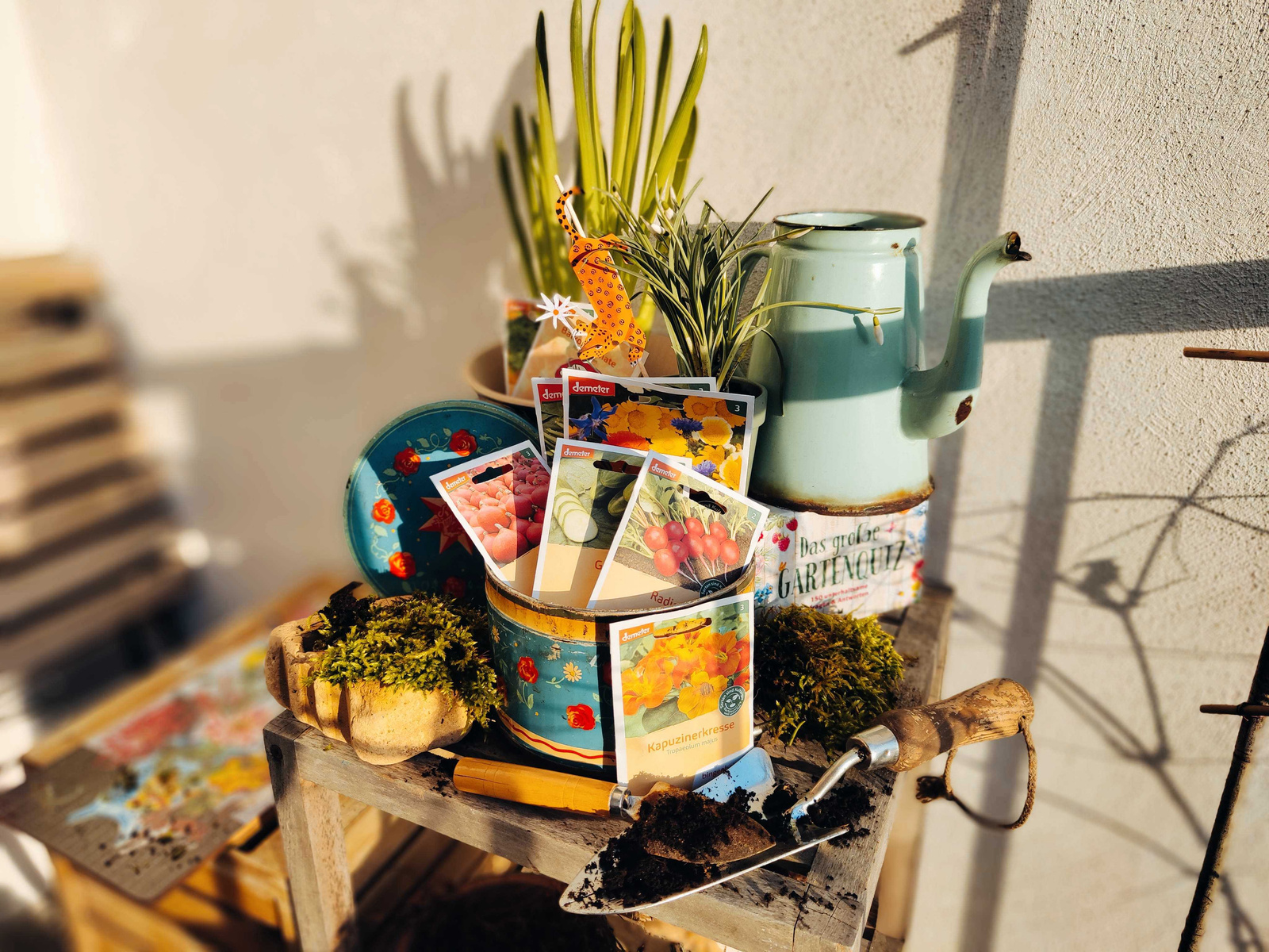 Ein Topf mit verschiedenen Saatguttüten auf dem Balkon