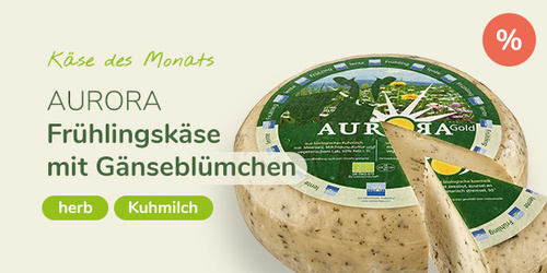 KI generiert: Werbung für Aurora Frühlingskäse mit Gänseblümchen, herb aus Kuhmilch. Texte: „Käse des Monats“, „%“.