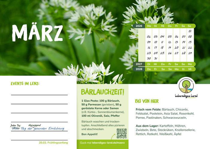 KI generiert: Kalenderblatt für März mit Bärlauchrezept, Kalender, Events und Bio-Lebensmittelinformationen. Text: März, Bärlauchzeit!