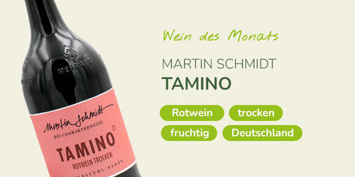 KI-generierte Beschreibung: Hauptinhalt: Flasche "Tamino" Rotwein mit Etikett und Beschreibung.