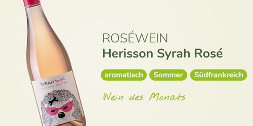 KI generiert: Flasche Herisson Syrah Rosé mit Igel-Illustration, Text: "ROSÉWEIN Herisson Syrah Rosé aromatisch Sommer Südfrankreich Wein des Monats".