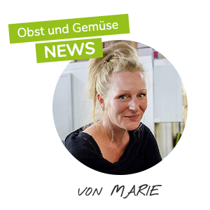 KI-generierte Beschreibung: Hauptinhalt: Frau mit Obstkorb. Text: "Obst und Gemüse News von Marie".