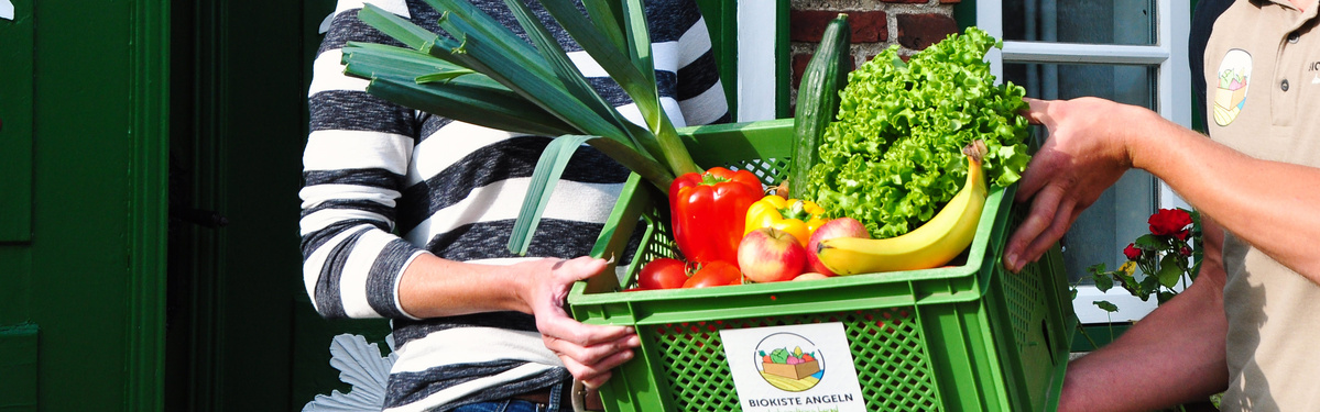 KI generiert: Eine grüne Kiste mit frischem Gemüse und Obst wird überreicht. Text: "Biokiste Angeln".