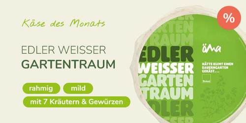 KI generiert: Käse des Monats: "Edler weißer Gartentraum" – rahmig, mild, mit 7 Kräutern & Gewürzen.
