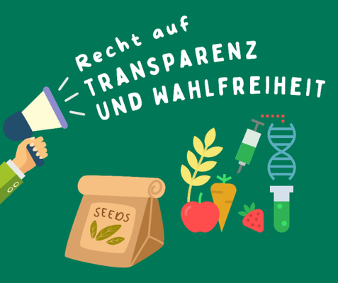 KI generiert: Illustration zu Transparenz in der Landwirtschaft mit Saatgut, Gemüse und Gentechnik. Text: "Recht auf Transparenz und Wahlfreiheit".