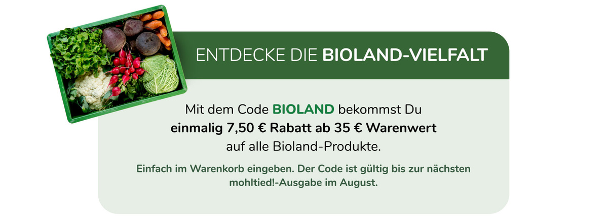 KI generiert: Werbung mit Bioprodukten und Rabattcode "BIOLAND" für 7,50 € Rabatt ab 35 € Warenwert auf Bioland-Produkte.