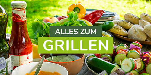 KI generiert: Grillzubehör auf einem Tisch: Gemüse, Brot, Saucen. Text: "ALLES ZUM GRILLEN".