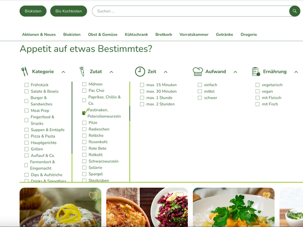 KI generiert: Website-Menü zur Rezeptauswahl nach Kategorie, Zutat, Zeit, Aufwand und Ernährung. Text: "Appetit auf etwas Bestimmtes?"
