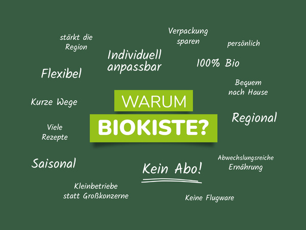 KI generiert: Grüner Hintergrund mit Vorteilen der Biokiste: regional, flexibel, saisonal, 100% Bio, kein Abo. Text: "WARUM BIOKISTE?"