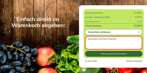 KI generiert: Der Warenkorb zeigt einen Bestellwert von 27,88 € an. Text: "Einfach direkt im Warenkorb angeben:".