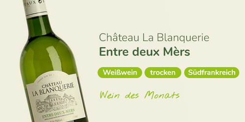 KI generiert: Weinflasche mit Text: Château La Blanquerie, Entre deux Mèrs, Weißwein, trocken, Südfrankreich. Wein des Monats.