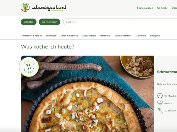 KI generiert: Eine Website mit einem Rezept für eine Schwarzwurzel-Tarte und dem Titel "Was koche ich heute?".
