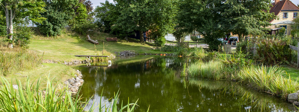 Breklingfeld: Blick auf den Teich mit Haupthaus im Hintergrund