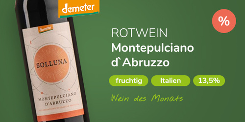 KI generiert: Flasche Rotwein "Montepulciano d'Abruzzo", fruchtig, Italien, 13,5%, Wein des Monats (Aufschrift im Bild).