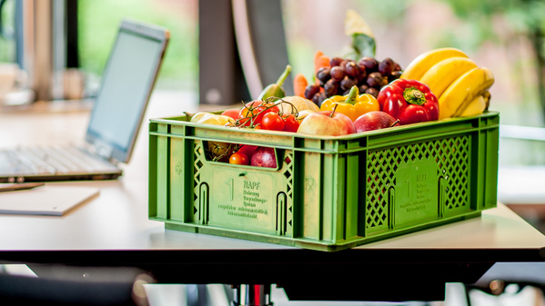 KI generiert: Eine grüne Kiste mit verschiedenen Obst- und Gemüsesorten steht auf einem Tisch neben einem Laptop.