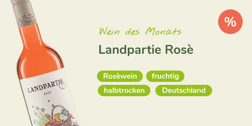 KI generiert: Werbung für "Landpartie Rosè" als Wein des Monats; ein halbtrockener Roséwein aus Deutschland, fruchtig.