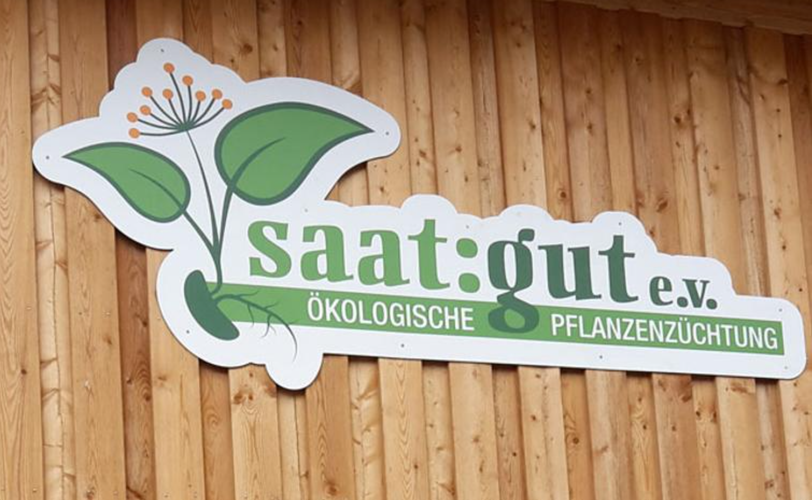 saat:gut Logo auf Holzwand