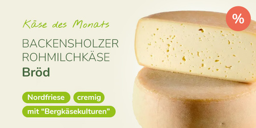 KI generiert: Käsesorten mit Text: "BACKENSHOLZER ROHMILCHKÄSE Bröd" und Angaben zu Eigenschaften und Rabatten.